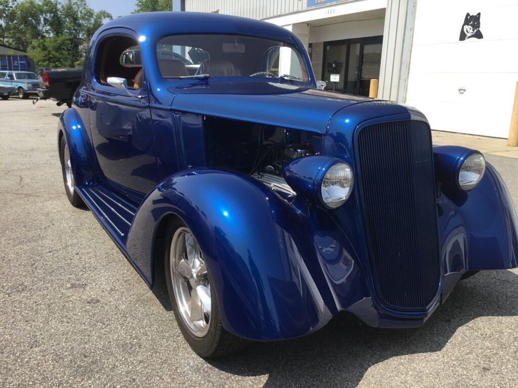 1935 Chevrolet Coupe restomod before restoration, needing fender repair