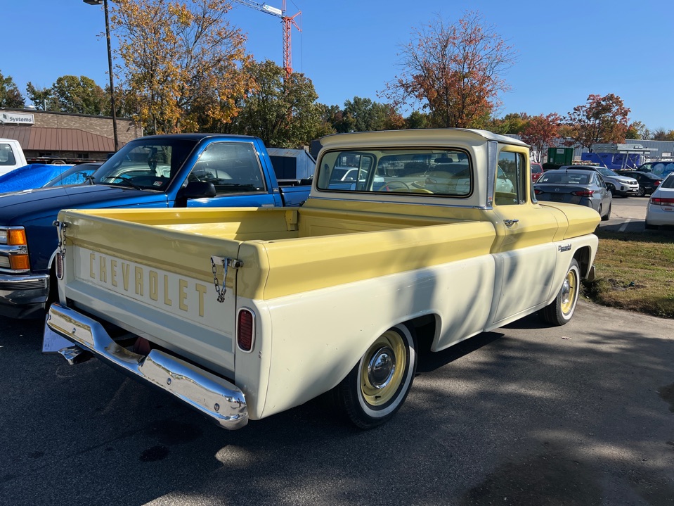 1960 Chevy Apache rear view. Yellow & white classic truck