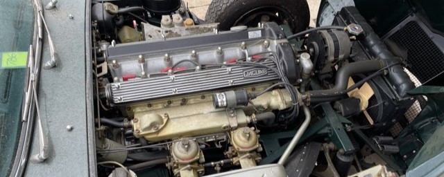 1969 Jaguar XKE engine bay under hood